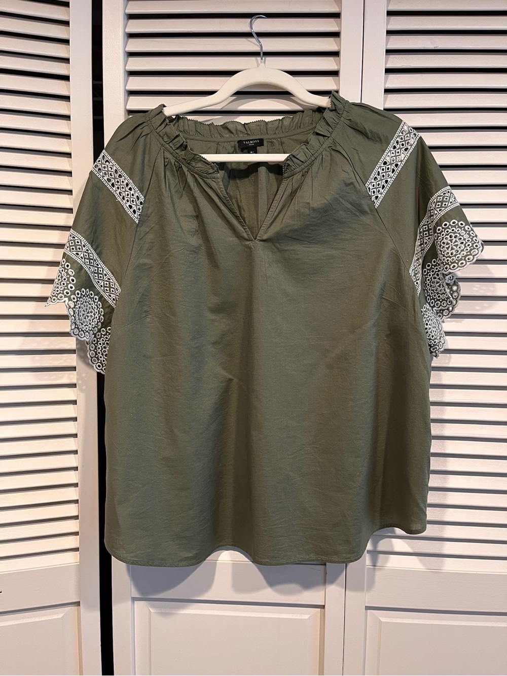 Talbots Olive Green Blouse with White Eyelet Trim